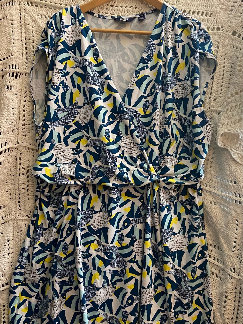 Lands’ End 2X Tropical Fish Faux Wrap Dress Blue Yellow Coastal